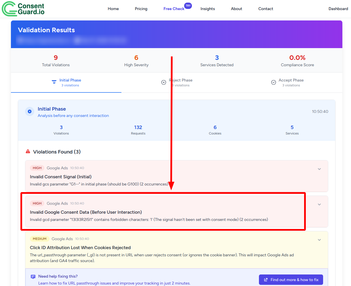 ConsentGuard report showing GCD 'l' signal violation