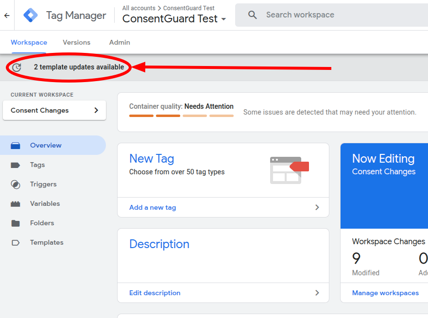 template updates in Google Tag Manager